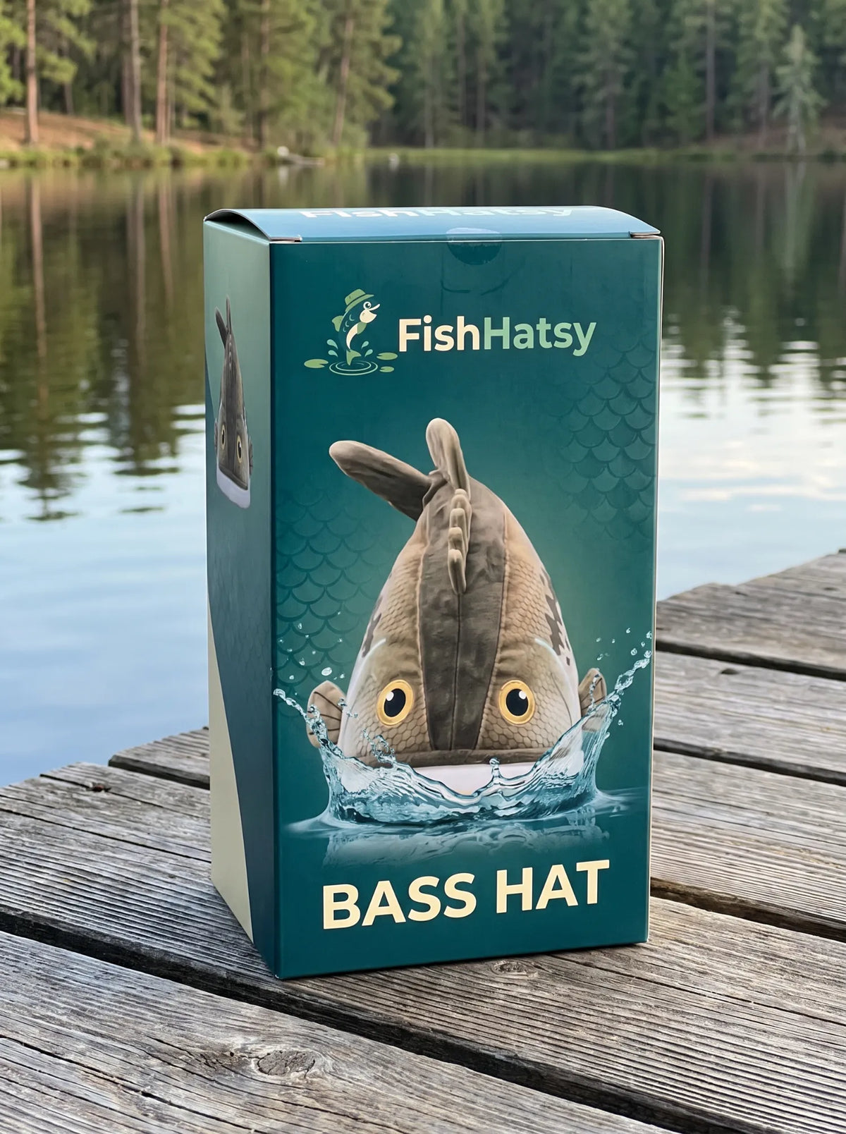 FishHatsy Bass Hat gift box on a wooden dock by a lake