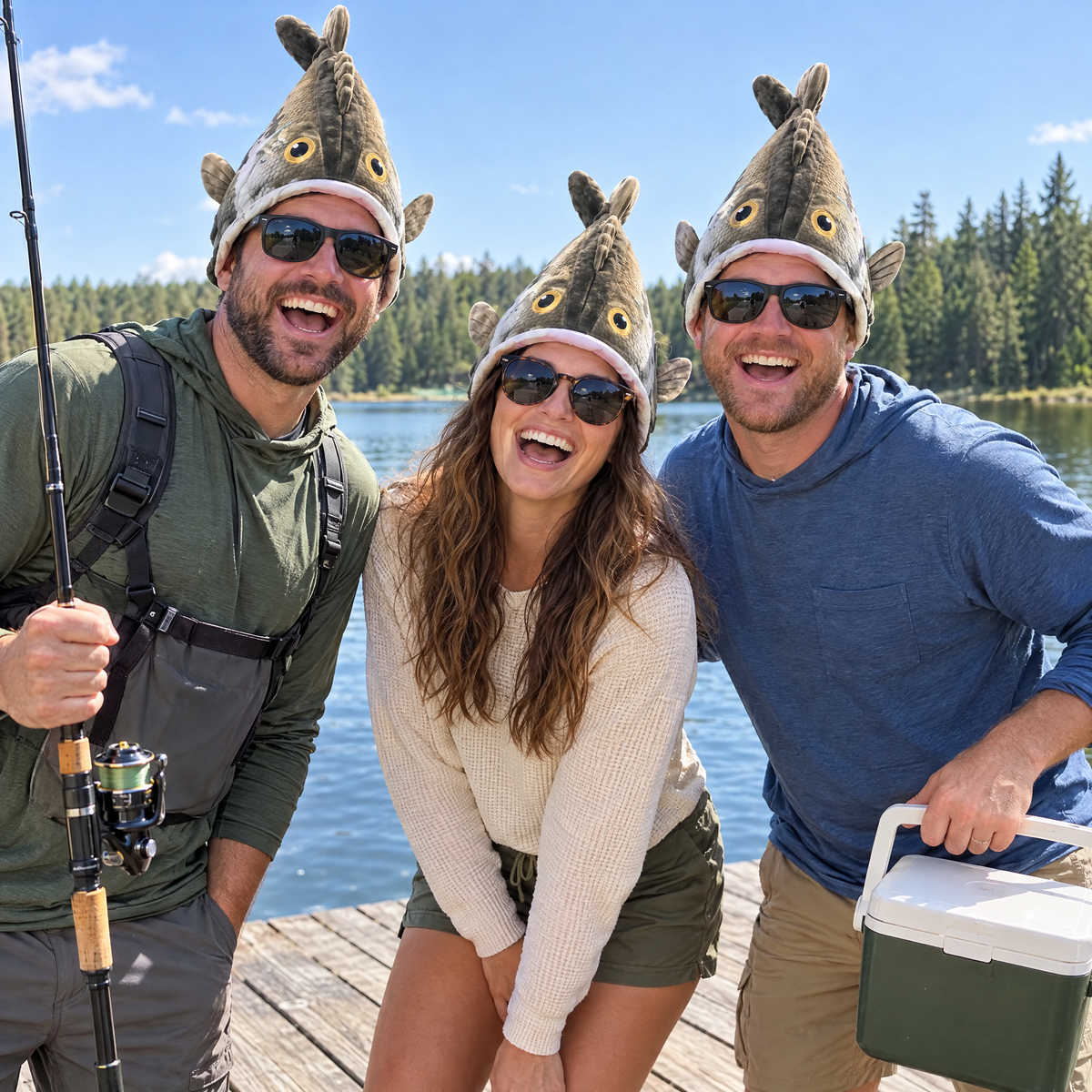 Three friends on a lake dock all wearing FishHatsy bass hats