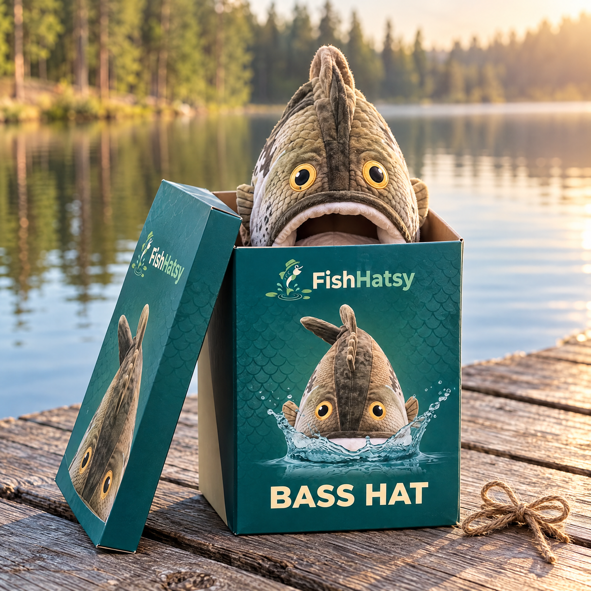 FishHatsy bass hat peeking out of its open gift box on a lake dock