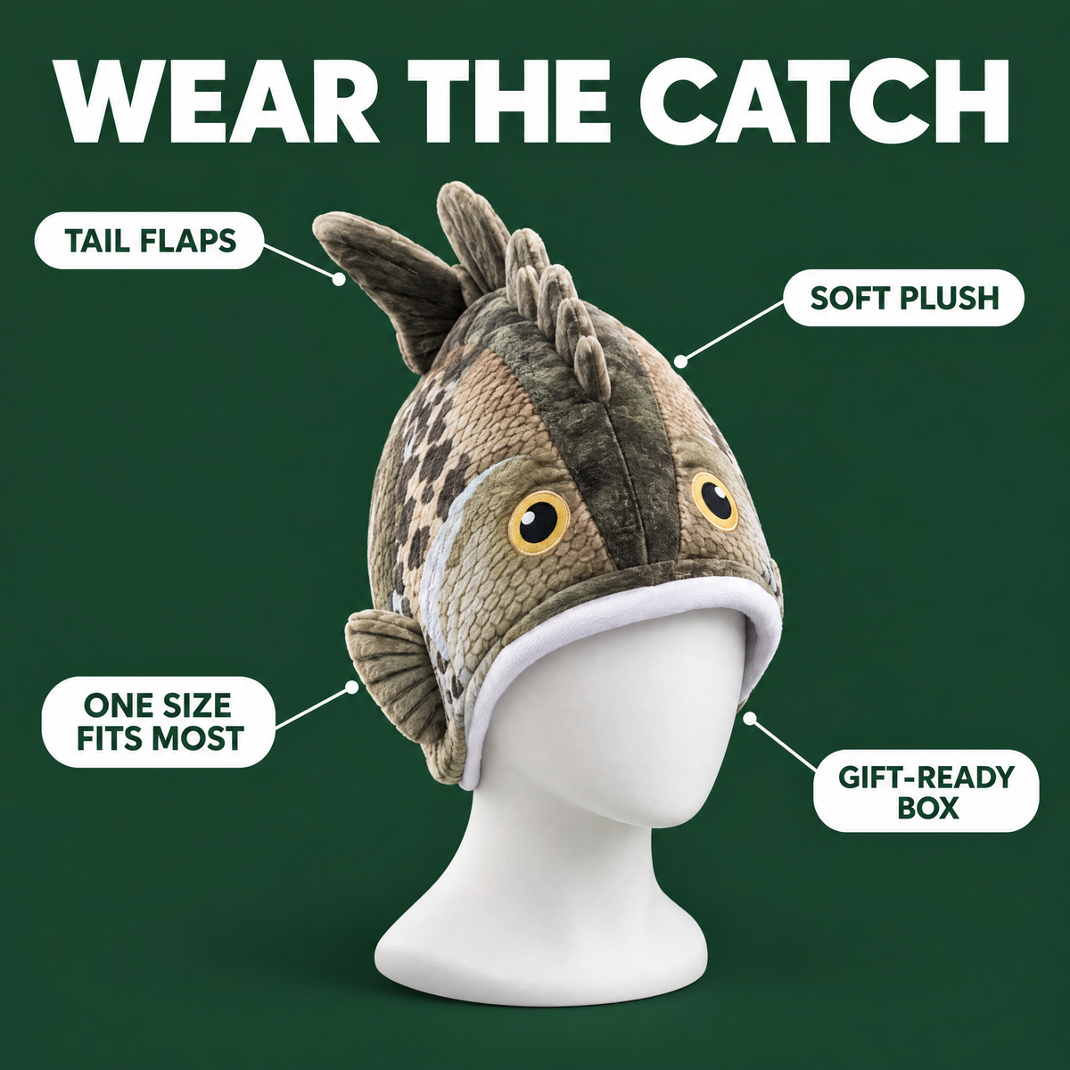 FishHatsy plush bass hat on a mannequin head with a flapping tail, soft plush, one size and gift-ready box