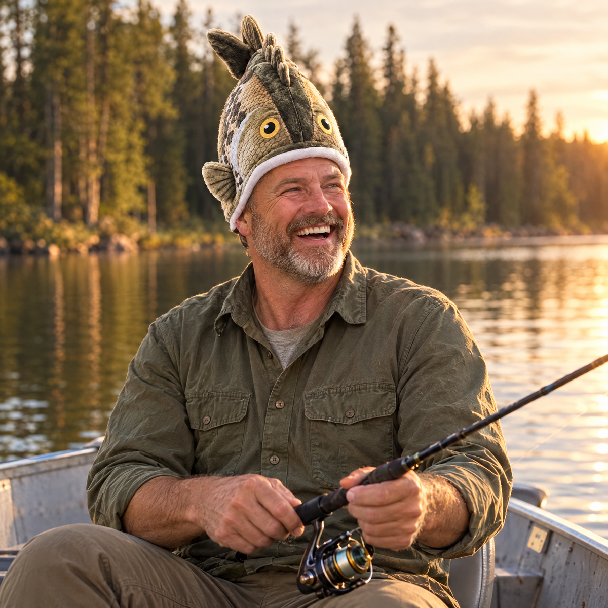 Fisherman laughing in a boat at sunset while wearing the FishHatsy bass hat
