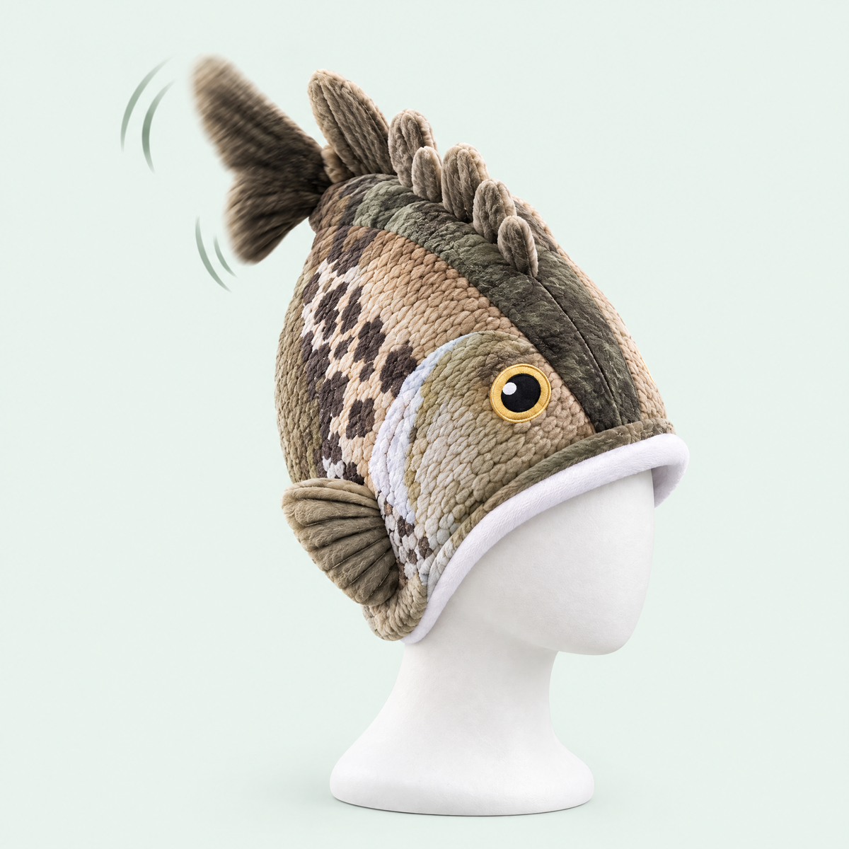 Side view of the FishHatsy bass hat with its tail mid-flap